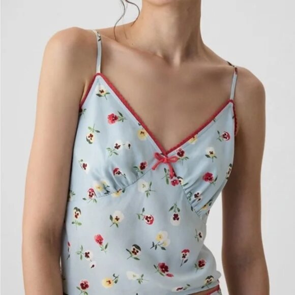 Gap x Doen Cropped Floral Cami Medium Dublin Blue Floral Print - NWT - Picture 1 of 4